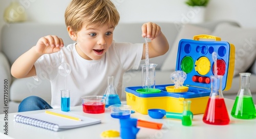 Excited Toddler Boy Playing with Colorful Science Experiment Toy Set