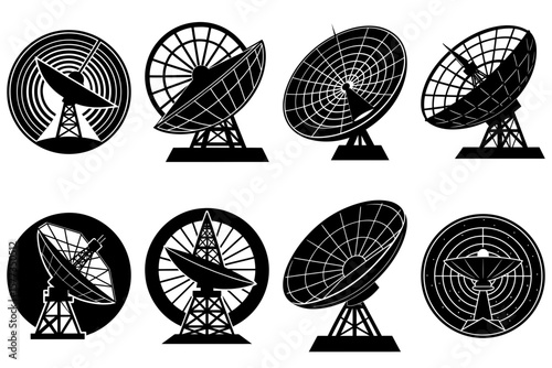 Illustration showing a collection of eight different satellite dishes in black and white silhouette style