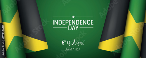 Jamaica independence day vector banner, greeting card. Jamaican wavy flag in 6th of August national patriotic holiday horizontal design
