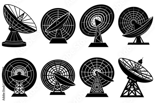 Illustration of eight black and white satellite dishes in varying styles and orientations on a white background