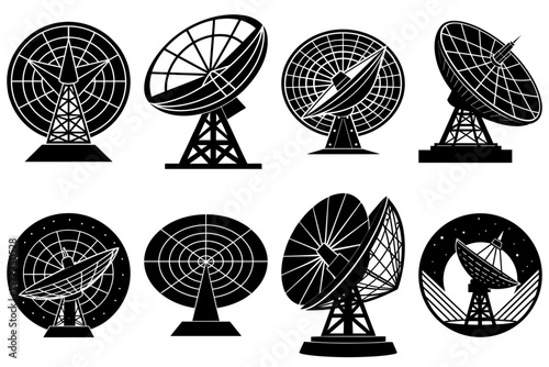 Collection of black and white satellite dishes in various styles and orientations on a white background