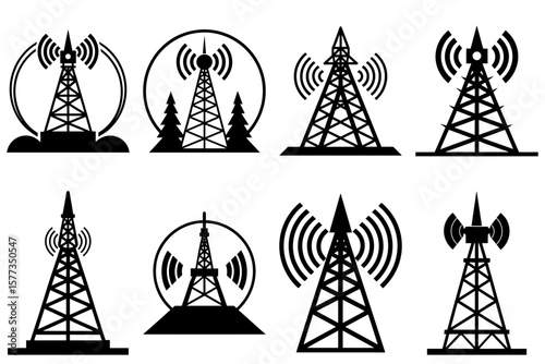Collection of black and white communication towers with various designs and signal wave representations