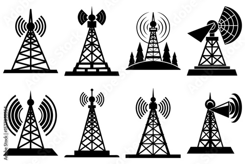Collection of black and white communication towers with antennas and signal waves displayed clearly