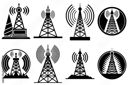 Illustration of various black and white communication towers with antenna and transmission waves designs