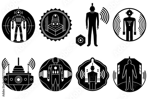 Illustration of various black and white retro futuristic robots and structures in different shapes and sizes