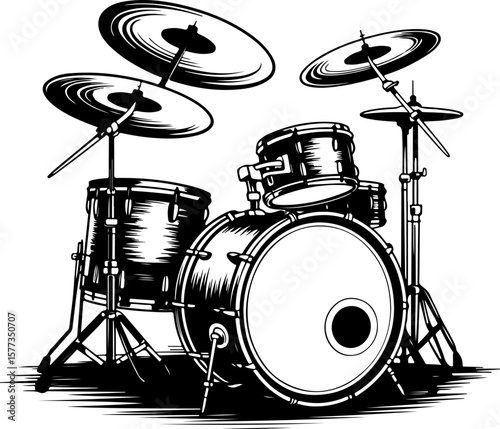 Black and white illustration of a drum kit with cymbals and stands drums percussion