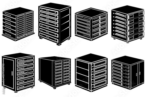 Isometric illustration of eight black and white server racks in a grid arrangement on a white background