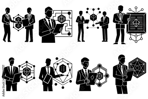 Illustrations of businessmen with digital assets and blockchain technology in black and white theme