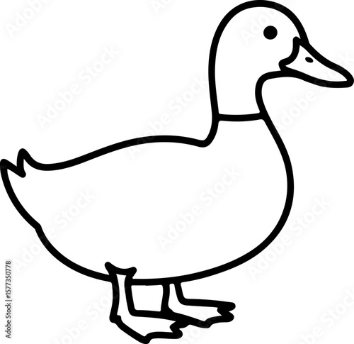 Simple black outline drawing of a duck standing on white background