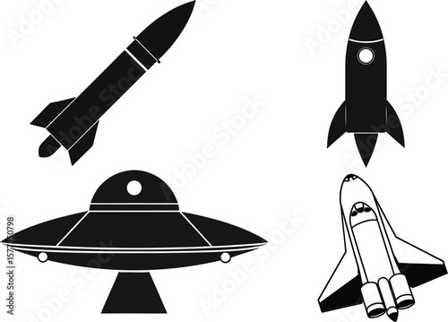 Set of Spaceship silhouette vector. ufo, rocket, missile