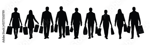 Black Silhouettes of People Walking Carrying Shopping Bags White Background vector