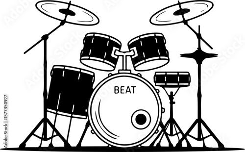 Black and white illustration of a drum kit with the word beat on the bass drum drums percussion