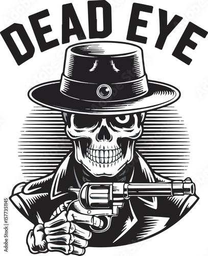 Black and white illustration of a skeleton wearing a fedora and holding a revolver skull