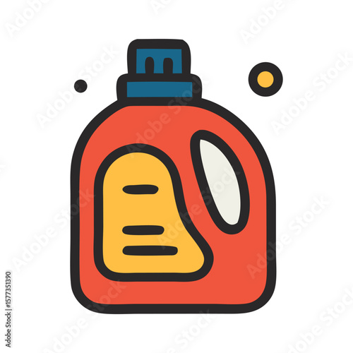 Colorful detergent bottle icon in flat vector style. A red-orange cleaning liquid container with bold outlines, representing laundry detergent, fabric softener, or household cleaner.