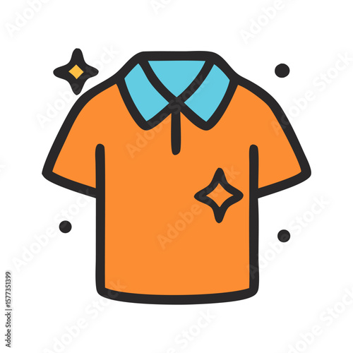 Clean shirt icon in flat vector style. An orange T-shirt with a sparkling shine, symbolizing freshly washed and ironed clothes. Ideal for laundry service, washing instructions, clothing care