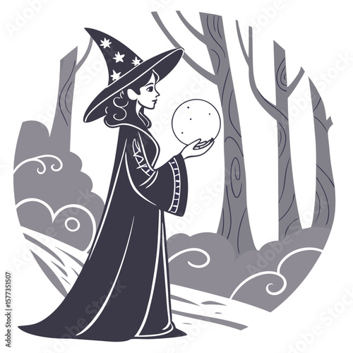 A witch in a pointed hat holding a glowing orb in a forest with swirling fog and tall bare trees around her