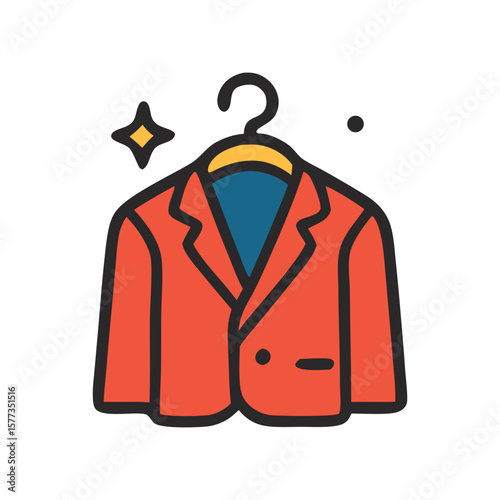 Clean and fresh washed coat icon. A red blazer on a hanger with sparkling shine, representing laundry, dry cleaning, or clothing care services.