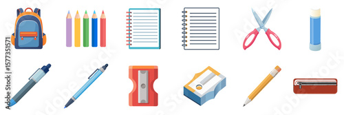 Vector set of school supplies - backpack, pencils, notebooks, scissors, glue, pens, and sharpener. Back-to-school. Educational. Stationery ads