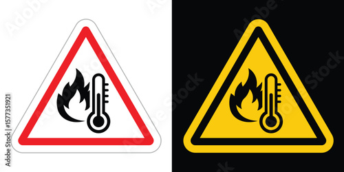 Minimalist triangular warning sign with red border, black thermometer and flames on white, symbolizing heat or fire hazard. Bold colors on black background, flat direct view.