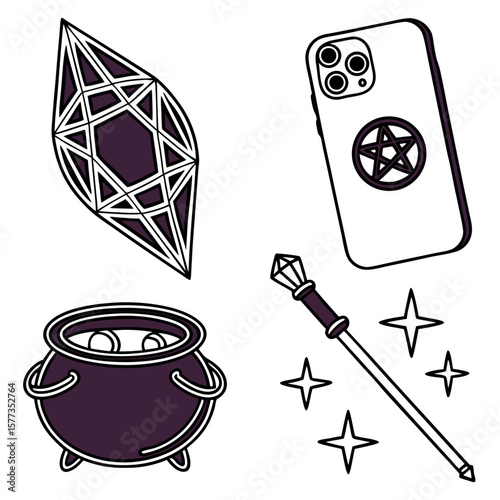Illustration of a crystal, a cauldron, a wand with stars, and a phone with a pentagram symbol