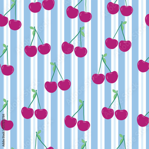 Blue stripes and white stripe pattern cherries pattern