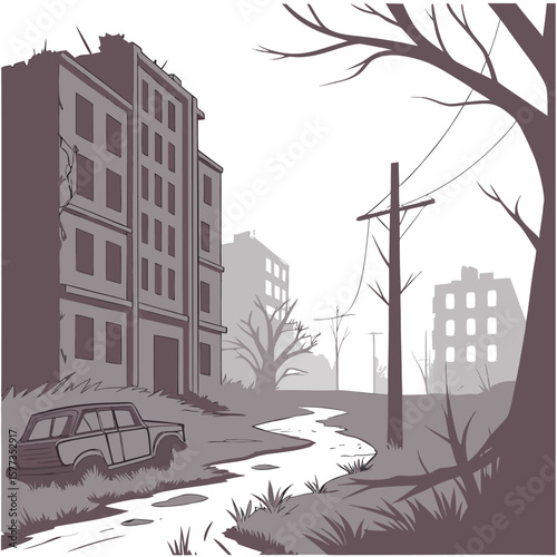 Illustration of a desolate urban landscape with dilapidated buildings and a wrecked car near a stream