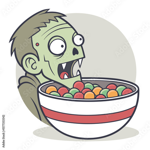 Cartoon zombie with green skin and sharp teeth eating colorful candies from a striped bowl on grey background