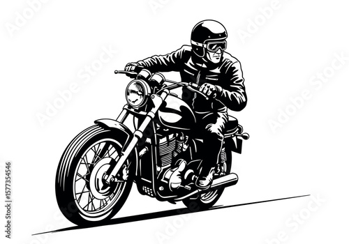Biker illustration features a man riding a motorcycle in a black and white graphic drawing with helmet and goggles