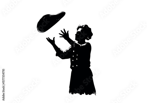 Skilled chef tossing pizza dough for a delicious Italian meal preparation with culinary expertise shown in silhouette art.