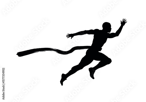 Black silhouette of an athlete crossing the finish line illustrates strength and athletic competition, a victorious moment
