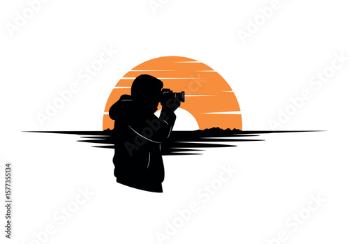 Photographer captures sunset scene, silhouette artist with camera enjoying outdoor adventure, scenic nature background