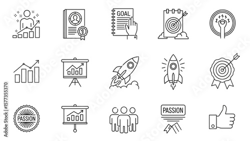 Motivation Line Icon Set – Personal Growth, Goal Setting, Achievement, Rocket, Teamwork, Passion Vector Illustration


