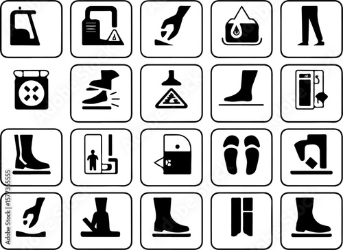 Collection of black and white safety and warning icons for footwear and personal protection symbol