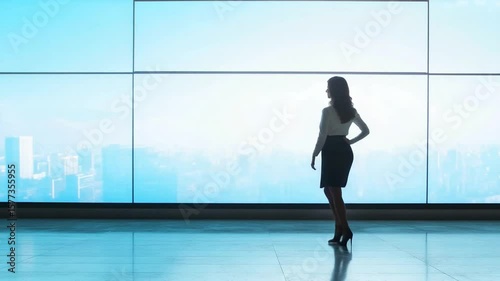 Confident businesswoman contemplating urban skyline in a modern office setting