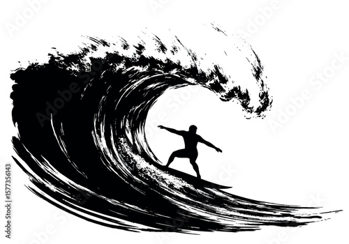 Ink style surfer riding a huge barrel wave, a black and white vector illustration showcasing ocean surfing action.