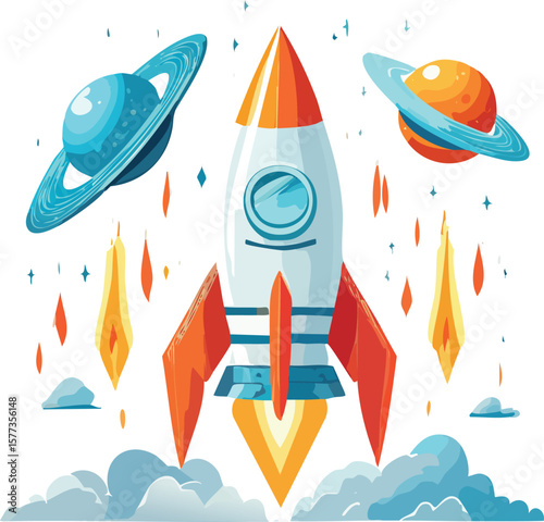 Vibrant cartoon rocket ship flying through the star-filled sky toward a distant planet