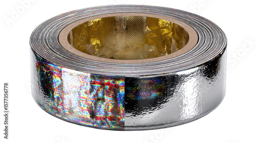 Silver Holographic Tape Roll: Close-up view of a roll of shimmering silver holographic tape, showcasing its iridescent rainbow reflections and metallic sheen.