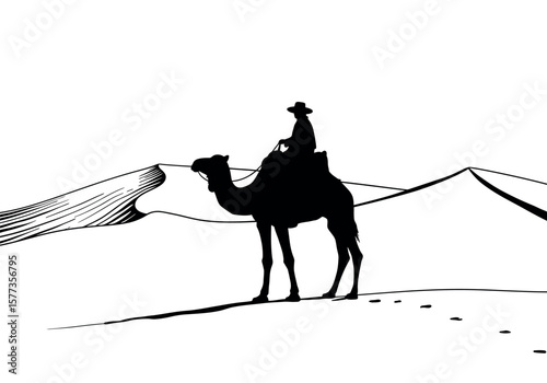 Camel silhouette carrying rider across desert sand dunes in a simple, minimalist line art design evoking travel and adventure.