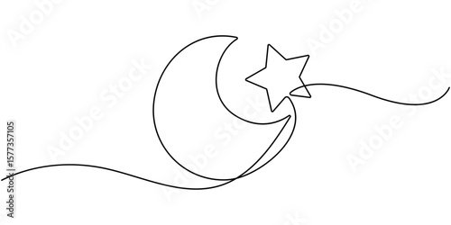 star with moon continuous one line drawing, Moon and star hanging decor continuous one line drawing minimalism design, Crescent moon and star continuous line art, Moon with star single line art.