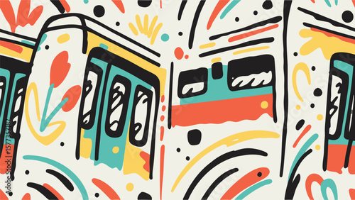 Abstract pattern featuring colorful train cars and floral elements in a playful design style