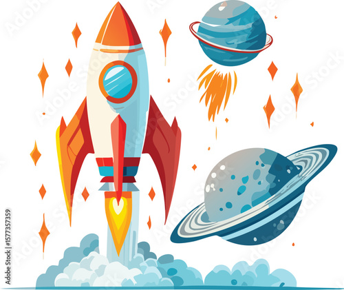 Cartoon vector illustration of a rocket ship traveling from the ocean's surface to a distant star in space