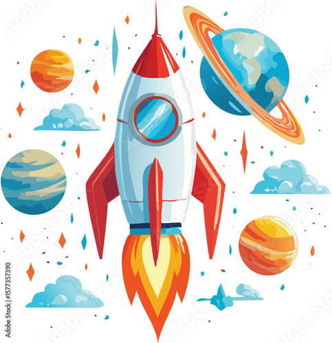 Cartoon vector illustration of a space rocket launching towards a distant planet amidst a sky full of stars