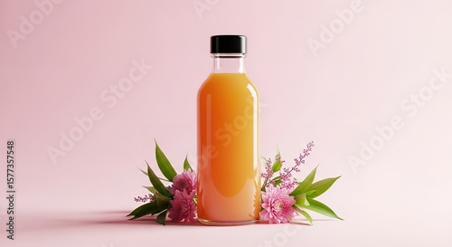Glass bottle filled with orange juice sits amid blooming pink flowers on pink backdrop