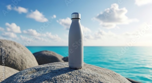 Gray bottle with a silver cap rests on weathered rocks overlooking the tranquil ocean