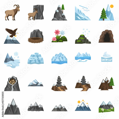 A collection of vector illustrations depicting various mountain landscapes, animals, and elements.