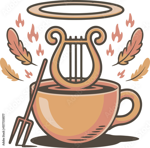 Orange coffee cup with harp halo and devil fork surrounded by flames and feathers vector
