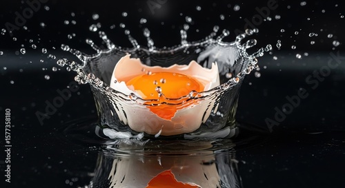 Splashing water encases a broken egg exposing its bright orange yolk on black surface