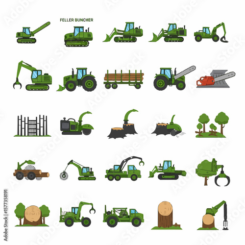 Forestry equipment and logging operations illustrated with various icons.