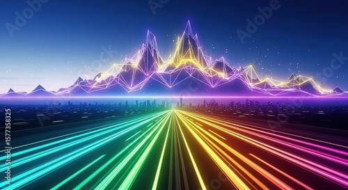 Vibrant multicolored light streaks lead towards an abstract city skyline under geometric mountain lines