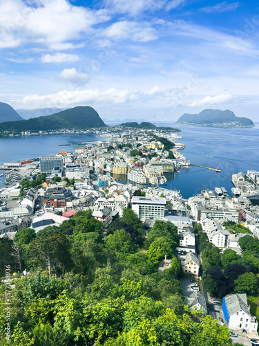 Ålesund cityscape overlooking Brosundet strait and surrounding islands in Norway